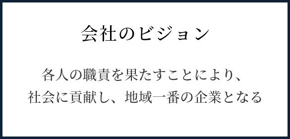 会社のビジョン　各人の職責を果たすことにより、 社会に貢献し、地域一番の企業となる